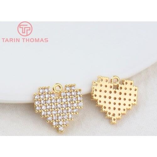 2PCS 14.5MM 24K Gold Color Brass with Zircon Heart Pendants Charms High Quality DIY Jewelry Making Findings Accessories