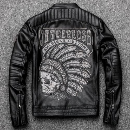 Motorcycle Leather Jacket Men 100% Genuine Cowhide Leather Coat Men Slim Fit Embroidery Skulls Biker Leather Coat Fall & Winter