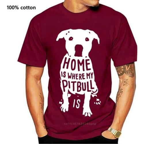 Mens Print Casual 100% Cotton T-Shirt Popular Home Is Where My Pitbull Is Quote Xmas Christmas Men Cotton Short Sleeve T-shirt