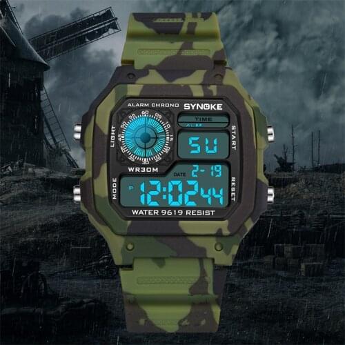 SYNOKE Watches Men Sport Digital G Style Shock Camouflage Military Green Alarm Date Chronograph Multifunction Boys Wristwatch