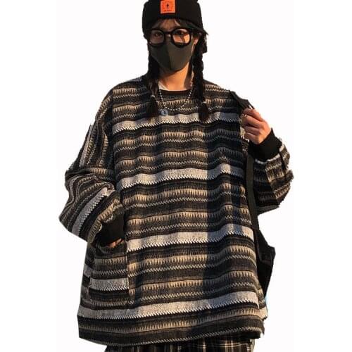 New Winter Womens Striped Sweater Plus Size Unisex Japanese Couple Hip-Hop Daily Retro Lazy Style Pocket Round Neck Fashion