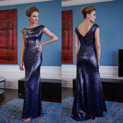 Navy Sequined Mother Of The Bride Dresses Jewel Neck Mermaid Wedding Guest Gowns Cap Sleeves Formal Evening Dress