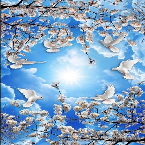 Dropship Colomac Flower Wallpaper Blue Sky White Clouds Cherry Tree Ceiling Mural Photo Wall Mural Wallpaper 3d Decoracao Casa