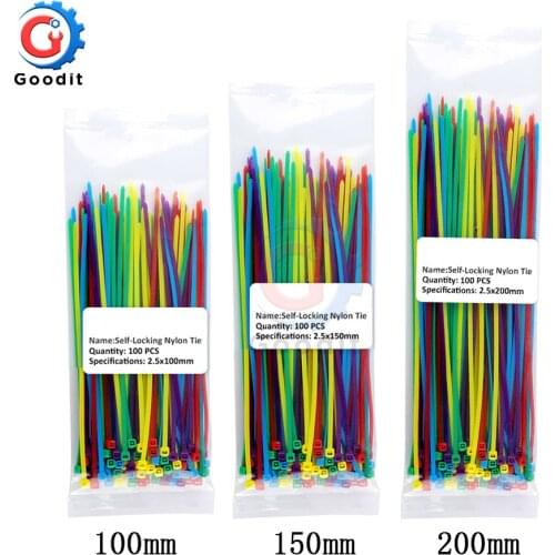 100Pcs Self-locking Plastic Nylon Tie 100mm 150mm 200mm Cable Tie Fastening Ring Zip Wraps Strap Nylon 2.5*200 2.5*150 2.5*100