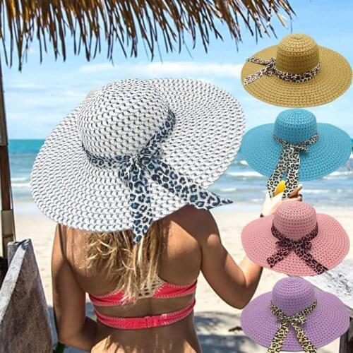 Summer Women Sun Protection Hats Handmade Straw Boho Beach Caps Outdoor Casual Leopard Bowknot Wide Brim Female Sun Hats 2021