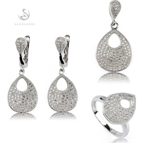 SHUNXUNZE luxury wedding jewelry sets for women accessories (ring/earring/pendant) White Cubic Zirconia Rhodium Plated R3216set
