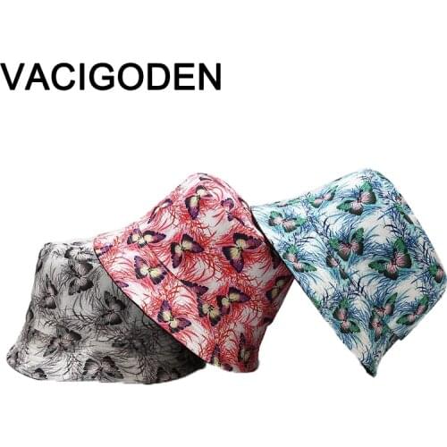 VACIGODEN Women Fashion Reversible Colored Butterfly Printed Bucket Hat Mixed Colors Outdoor Chapeau Fisherman Caps De Pescador