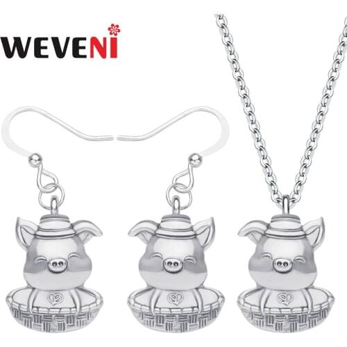 WEVENI Alloy Plated Antique Gold Lucky Pig Piggy Jewelry Sets Long Lovely Animal Earrings Necklace For Loer Girls Birthday Gift