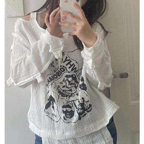 Off Shoulder Long Sleeve Women Harajuku Thin Irregular T-shirt Korean Fashion Cloth White Gothic Lady Skull Print Loose T Shirt
