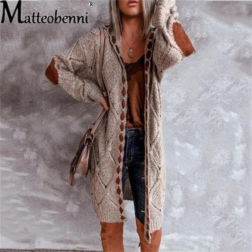 2021 Autumn Winter Knitted Long Hooded Sweater Cardigan Women Fashion Leather Patchwork Full Sleeve Coat Female Outerwear Tops