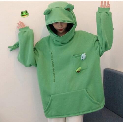 Harajuku 2021 Autumn Fashion Women Long Sleeve Pocket Green Frog Patterns Hooded Sweatshirt Casual Pullovers Coat