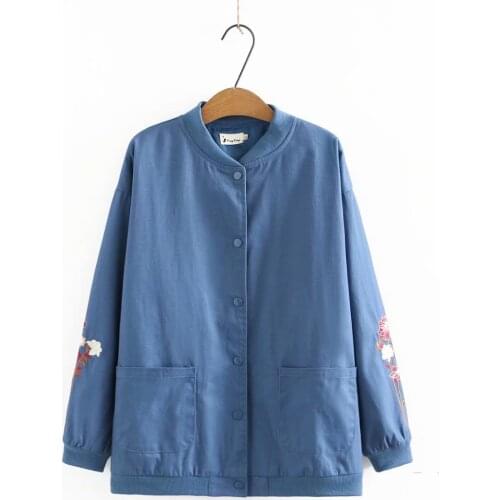 Plus size Women coat stand collar pocket embroidery cotton Womens autumn jacket 2021 blue black Khaki