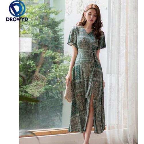 2021 Beach Midi Dress for Women Summer Fashion Short Sleeve Sexy V-neck Green Print Dress Elegant Boho Party Dresses Vestidos