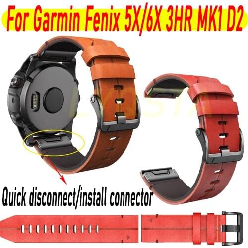 26mm Leather QuickFit Watch Band Strap For Garmin Fenix 6X 5X 3 3HR Wristband Strap For Descent Mk1/D2 bravo/Charlie/Quatix 3