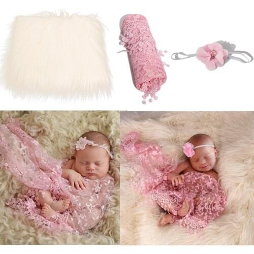 3Pcs/Set 0-3Month Newborn Photography Props Baby Headband+Fur Blanket+Lace Wrapper Costume Clothing Shoot Studio Accessories