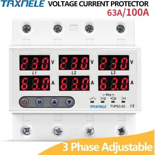 3 three phase Voltage Current Relay Protector 100A 63A 60A 220V 3P Over Under Voltage Relay Current limiter adjustable protect