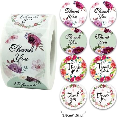 Flower Thank You Round Sticker Label 500pcs/roll 3.8cm Gift Card Business Packaging Decoration Scrapbook Stationery Stickers