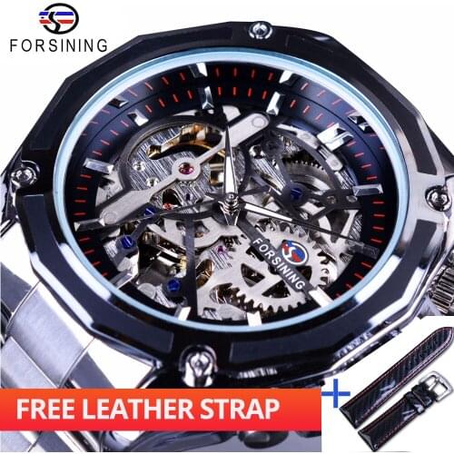 Forsining Watch + Band Set Combination Mechanical Fashion Dress Mens Top Brand Luxury Stainless Steel Automatic Skeleton Watches