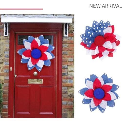 July 4th Themed Garland Independence Day Wreath with American Flag Print Patriotic Fabric Front Door Decoration
