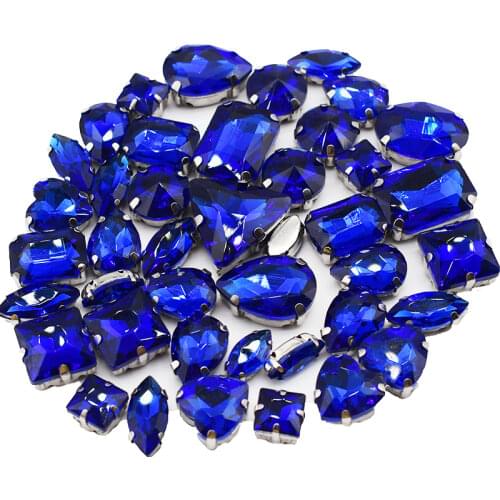 Top Sale Glitter Crystal Royal Blue Mix Shape Glass Sew on Rhinestones For DIY Clothing Decoration