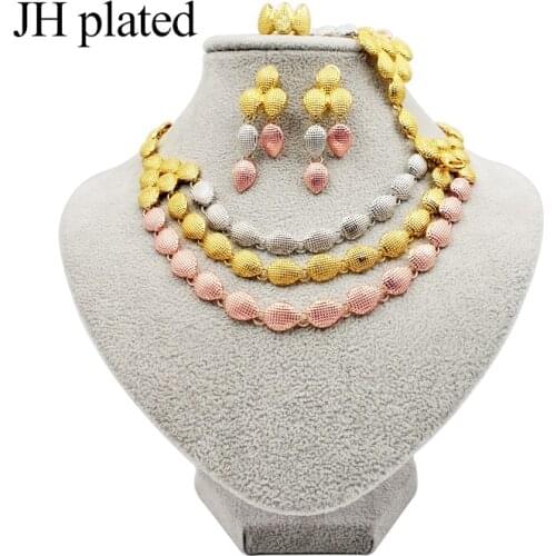 JHplated African Fashion gold color jewelry set women colour Wedding Necklace Earring Ring bracelet sets India girls Gift