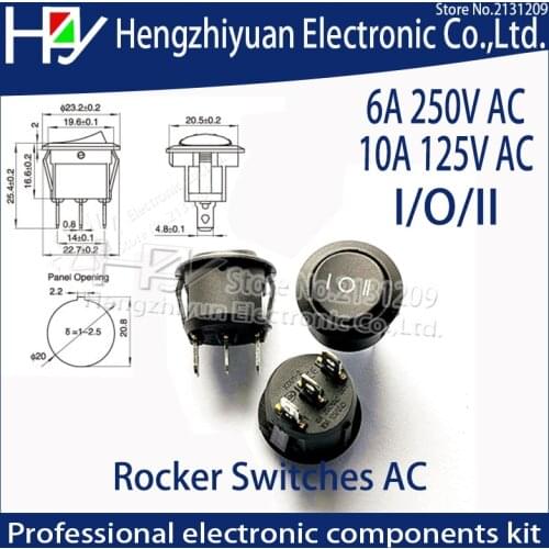 KCD1 10A 125V AC 6A 250V AC 23mm Round Black 3 Pin 3 Position SPDT ON-OFF-ON Rocker Switch Snap-in