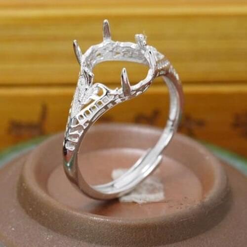 Sterling Silver 925 White Gold Color Oval Cabochon 8x11mm Semi Mount Ring for Amber Agate Turquoise Vintage Adjustable Ring