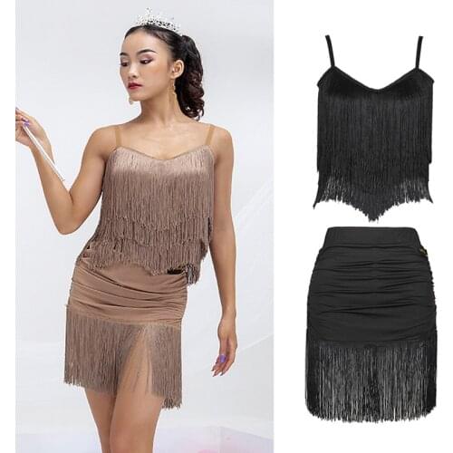 Latin Dance Costumes Adult Women Latin Tops Skirt Fringe Suit Samba Practice Wear Salsa Cha Cha Performance Dance Dress DNV14721