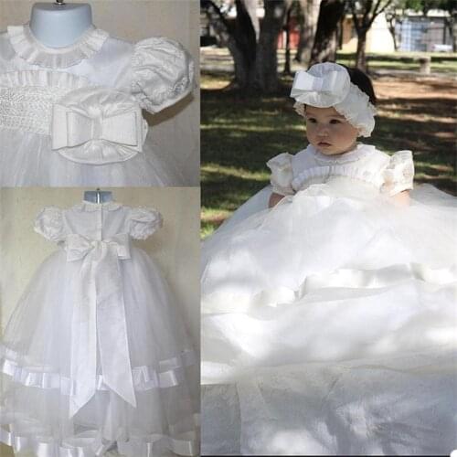 Lovely White Christening Dresses For Babies Bow Sash Toddler Puffy Baptism Gowns Kids First Communication Dress Real Photo