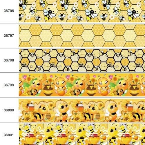50 Yards Various Sizes Bee Printed Gross Grain Ribbon For Hair Accessories DIY Crafts Hand Made Y2021040201