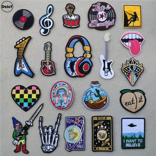 46 Style can Choose) Music Guitar Patches for Clothing Headset Embroidered Appliques Iron on Badges Stripes Stickers on Clothes