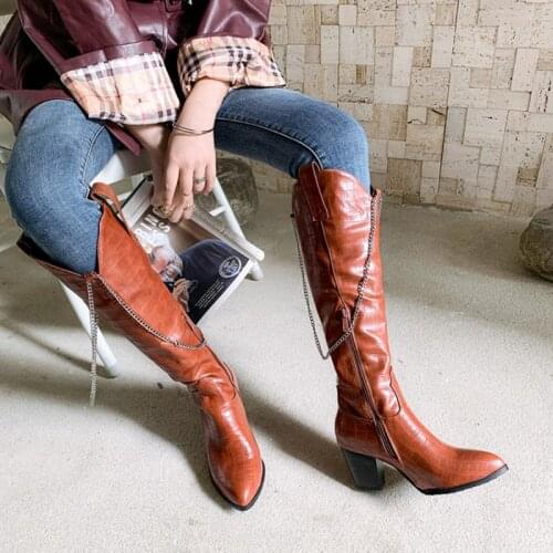2020 new winter warm pointed toe chain western cowboy boots embossed plaid pattern knee-high boots women