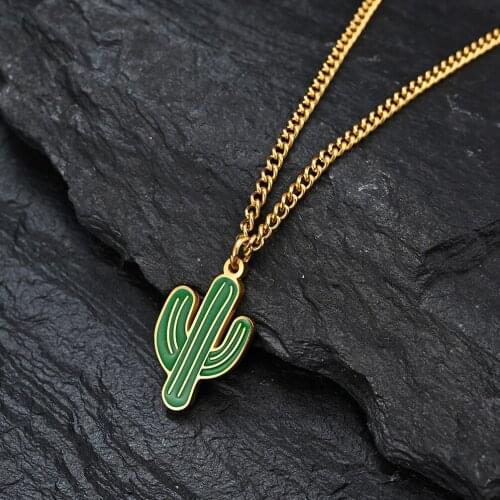 Golden New Arrival Korean Fashion Plant Cactus Hippie Steampunk Pendant Necklace For Men Male Stainless Steel Goth Accessories