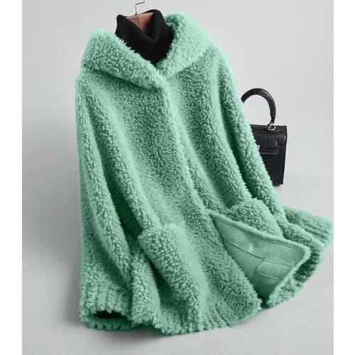 Solid Long Sleeve Casual Sheep Shearing Jacket Female Genuine Wool Outwear Ladies Hooded Real Fur Overcoat Women X794