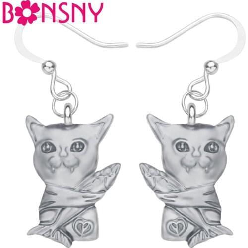 Bonsny Alloy Antique Gold Plated Sweet Cat Earrings Cute Kitten Animal Dangle Drop Jewelry For Women Girls Fashion Gift Charms