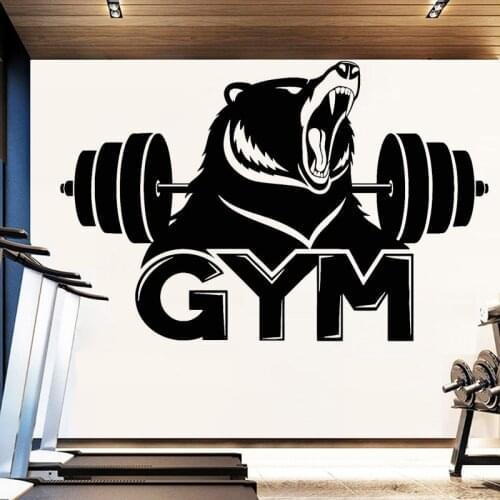 Gym Wall Sticker Fitness Club Vinyl Decal Barbell Exercise Mural Animal Bear Creative Interior Home Decoration O177