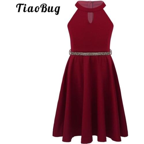 TiaoBug Kids Halter Sleeveless Jewel Trimmed Belt Flower Girl Dresses Evening Party First Communion Pageant Prom Dress for Girls