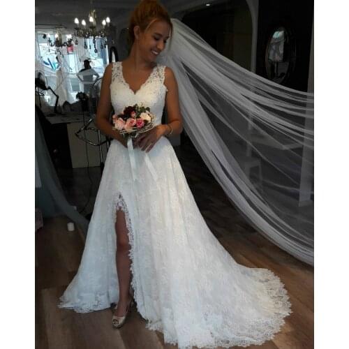 Vestidos De Novia Sexy V Neck Simple Beach Wedding Dress With Split Plus Size Lace Bride Dress 2020 Robe De Mariage Arabic