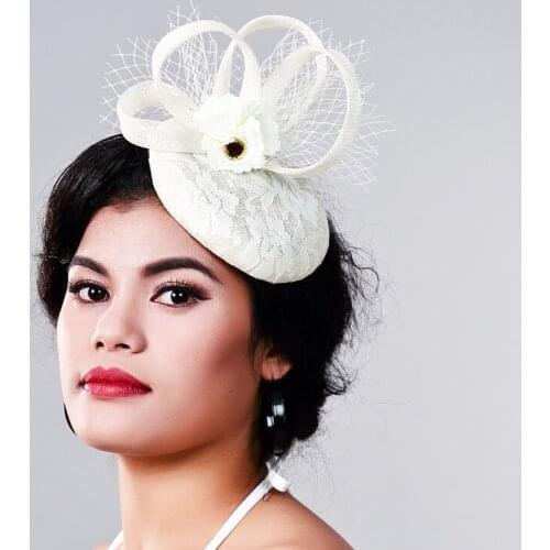 Elegant Ladies Ivory Veils Fascinators Bride Wedding Sinamay Millinery Hats Women Linen Feather Hat Wedding Fedora Cap