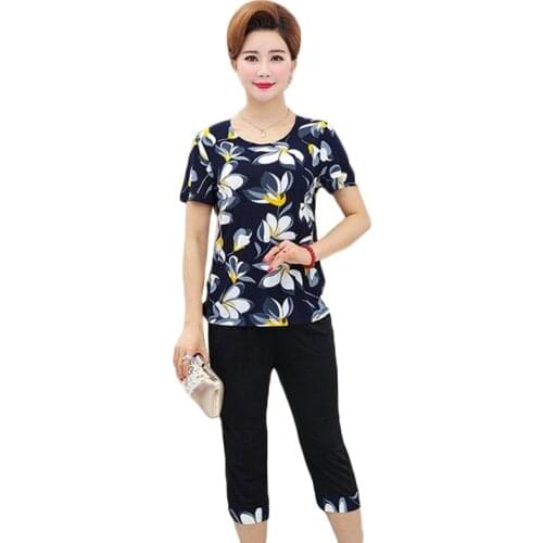 Large Size Women 2 piece Set New Loose Print Short-sleeved T-shirt Tops + Pants Middle-aged Mother Summer Suit Plus Size 5XL
