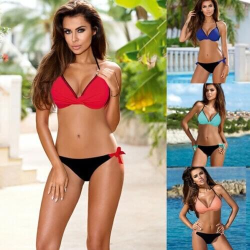Women Push Up Two Piece Swimming Bikini Set Padded Bra Swimwear Ladies Summer Sexy Patchwork Bandage Swimsuit Beachwear Bathing