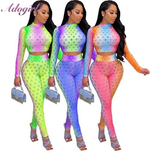 Casual Hole Gradient 2 Piece Sets Women Sport Tracksuit Fitness Long Sleeve Crop Tops Leggings Sweatpant Streetwear Matching Set