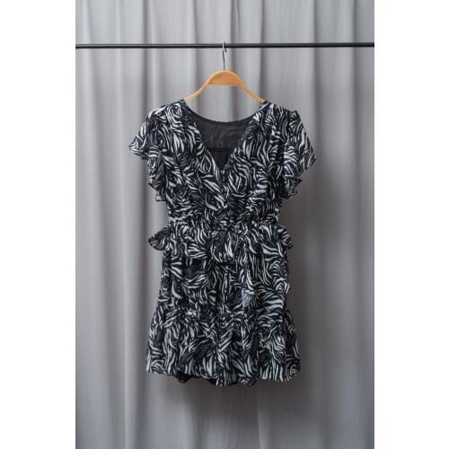 2021 Summer Women Dress Zebra Print Short Sleeve V-neck Ruffles High Waist Mini Robe