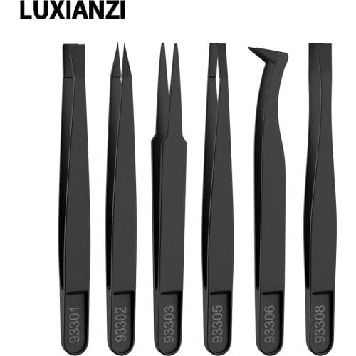 LUXIANZI 10pc Anti-static Carbon fiber Electronic Tweezers Set For Phone PCB Repair Hand Tools Kit Precision ESD Plastic Forceps