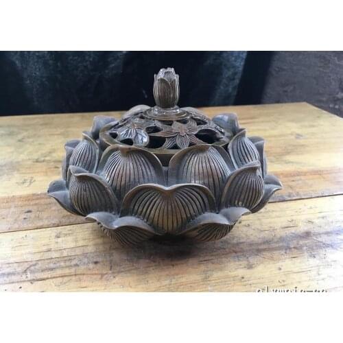 6''copper sculpture carved buddhism lotus flower incense burner censer statue