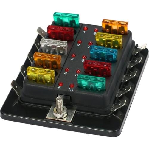 Car Fuse Box 10 Way Blade Fuse Box Holder with LED Warning Light Kit for Car Boat Marine Trike 12V 24V