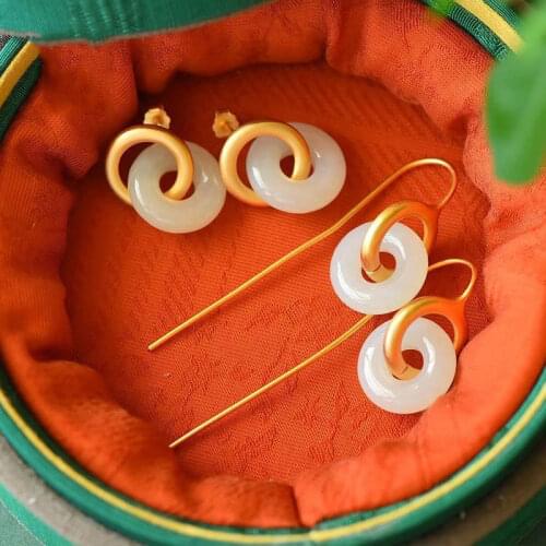 Safeness Ring Ultra-Fine Moisturizing White Nephire Hetian Jade Safety Buckle Earrings Sterling Silver Gilding Stud Earrings for