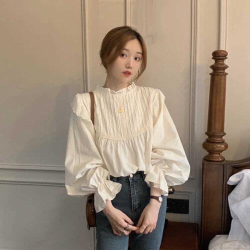 Blouse Women Shirt Autumn Bell Sleeve Shirt Womens Wooden Ear Collar Long Sleeve Shirt Blusas Mujer De Moda