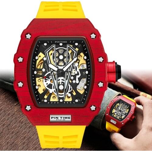 Creative Mechanical Watch Men Self Winding Wristwatch Steanpunk Skeleton Male Yellow Silicone Strap Clock Cool Hip Hop Reloj