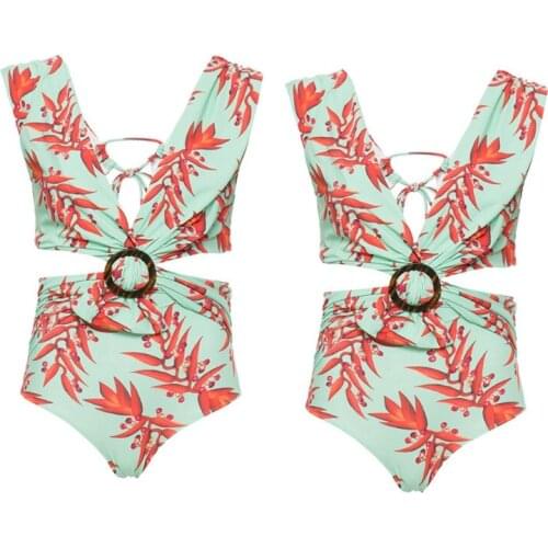 Women Sexy One-Piece Multicolor Bikini Deep V-Neck Backless Leaves Print Monokini Cutout O-Ring Twist Knotted Swimsuit